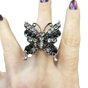 Sparkly Black Rhinestone Butterfly Statement Ring Adjustable Silver Tone Sz 8–8.